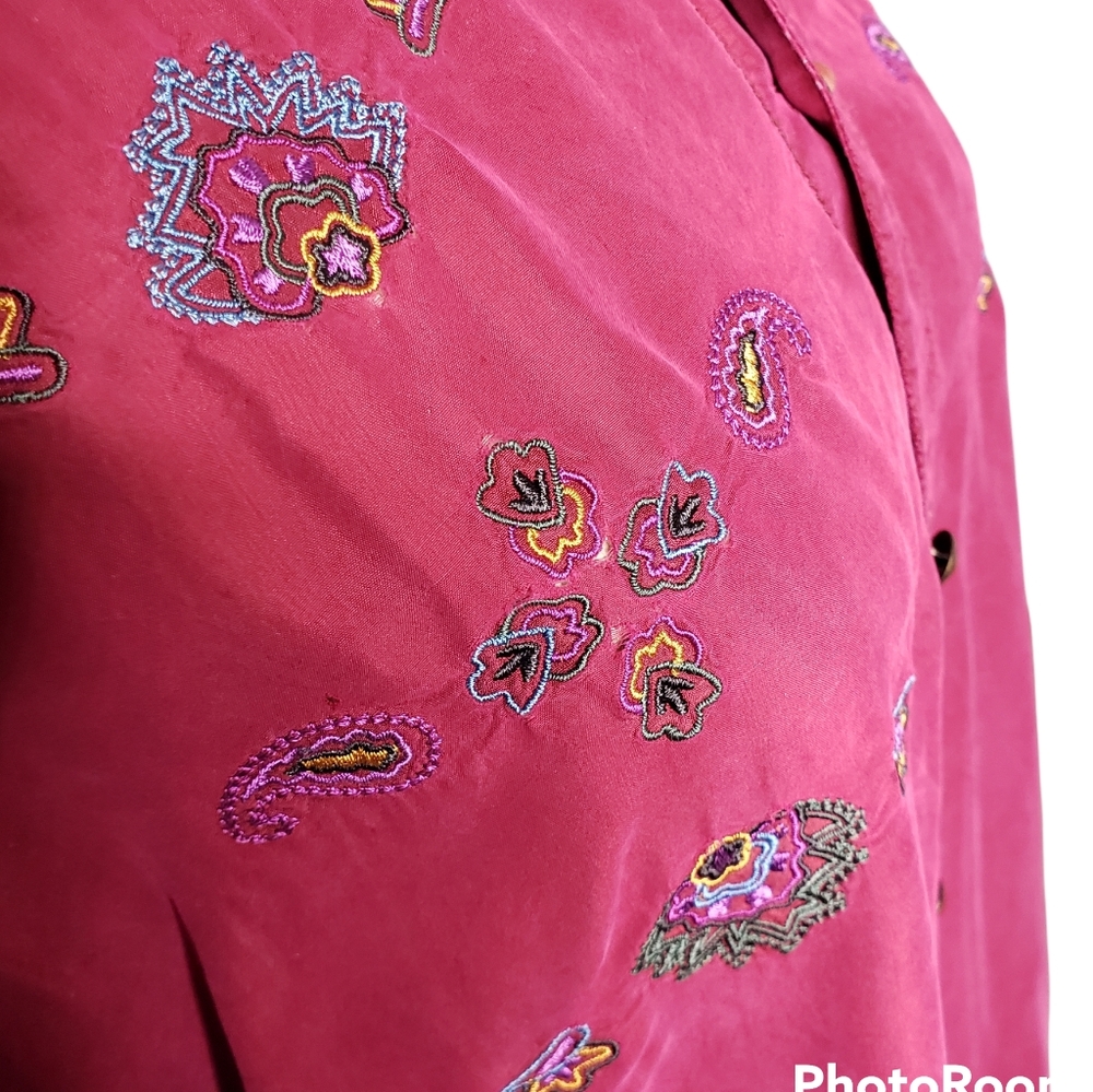 Vintage silk embroidered blouse Deep Hot Pink Abstract Lotus Floral Grandmacore
